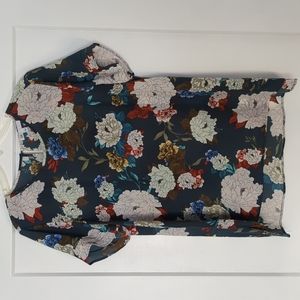 DR2 Floral Short Sleeve Blouse in Navy with Cream, Red, Blue & Gold Accents